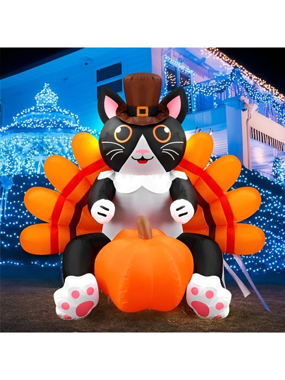 5 ft Thanksgiving Cat Inflatable Halloween Blow up with Built in LED Light